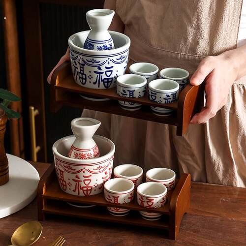 中式陶瓷酒壶清酒杯套装蓝白福字酒具文艺风家用酒杯家用酒具套装