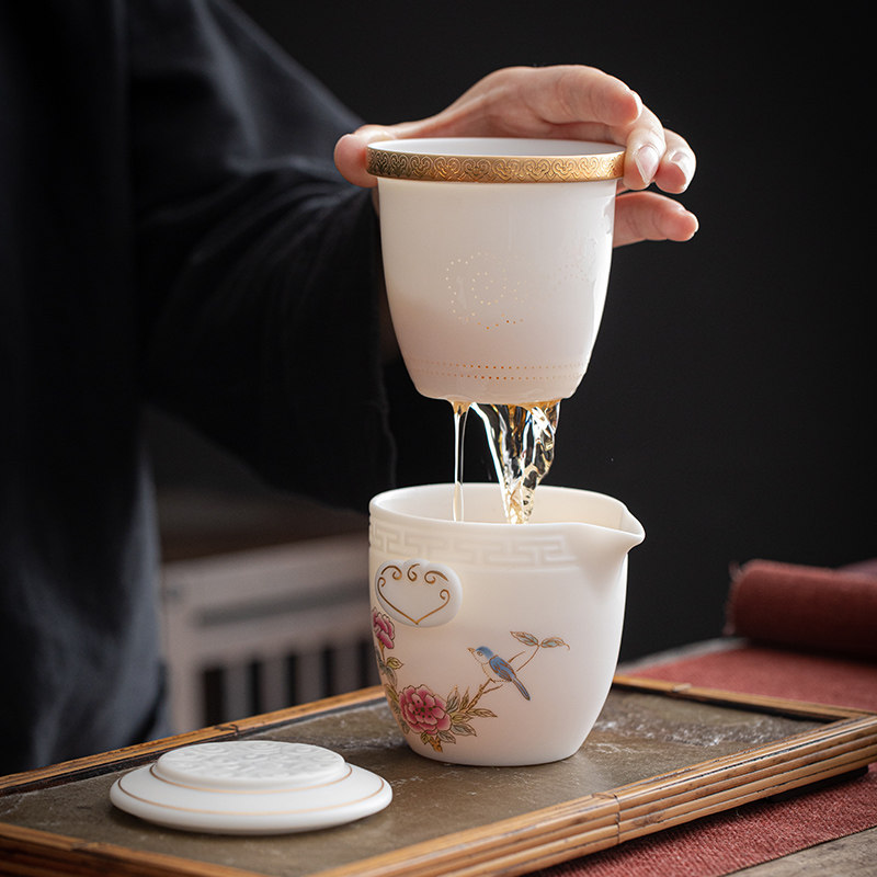 唐舍国风牡丹旅行茶具套装羊脂玉瓷白瓷快客杯一壶四杯便携式泡茶
