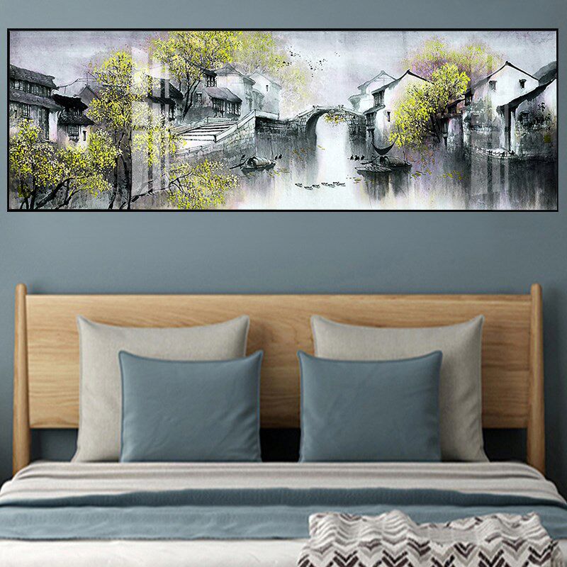 新中式床头挂画主卧山水画温馨房间壁画沙发卧室装饰客厅背景油画