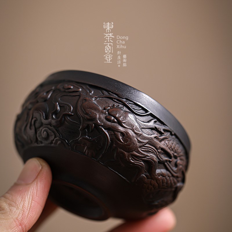 紫陶茶杯陶瓷半手工浮雕龙罗汉小杯功夫茶具主人杯非紫砂品茗杯子