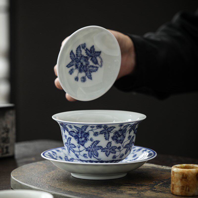 白瓷青花秋葵三宝盖碗单个大容量陶瓷盖碗家用高端防烫手泡茶碗