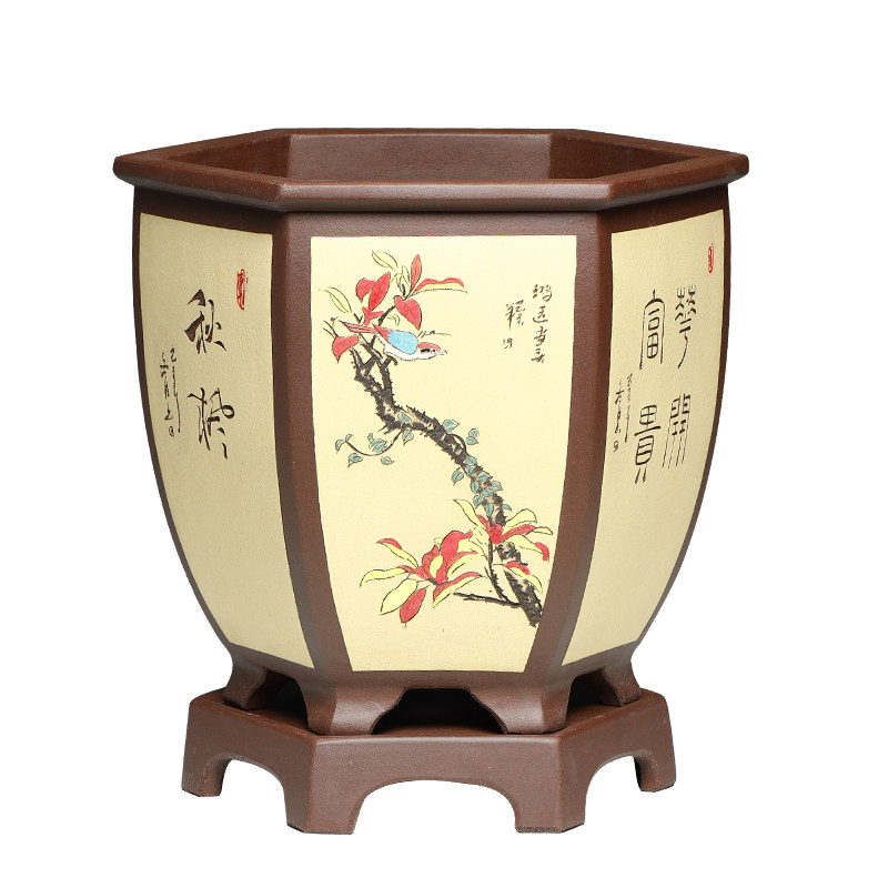 宜兴精品紫砂大花盆陶瓷透气中国风黄色高档六角君子兰花盆带托盘