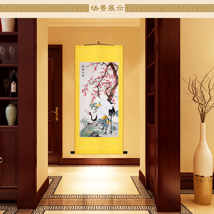 松鹤牡丹长寿富贵图花鸟画 仙鹤双鹤卷轴挂画丝绸装饰字画可定制