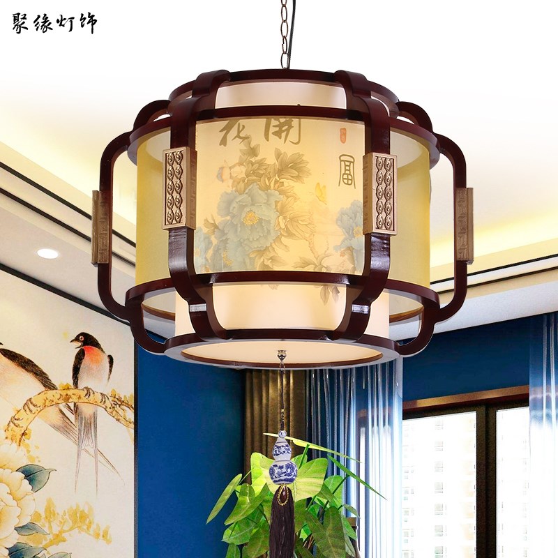 中式复古实木吊灯 餐厅茶楼包房客厅灯饰 仿古简约中国风羊皮灯具