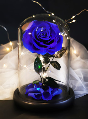 永生花蓝色妖姬干花蓝玫瑰礼盒玻璃罩花束真花女友送男友生日礼物