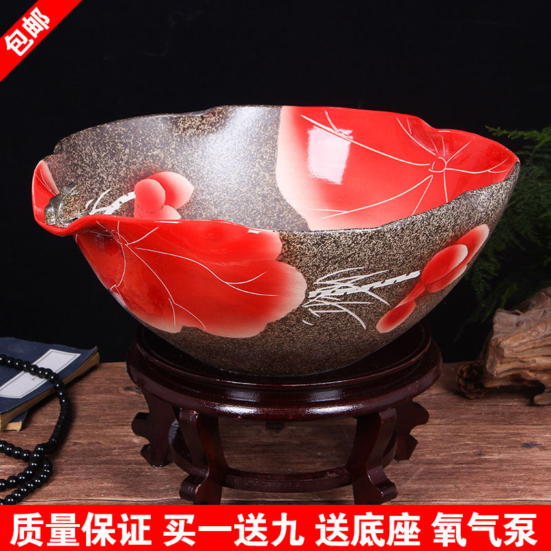 景德镇陶瓷鱼缸包邮手绘桌面摆件风水大号养金鱼缸乌龟睡莲荷花盆