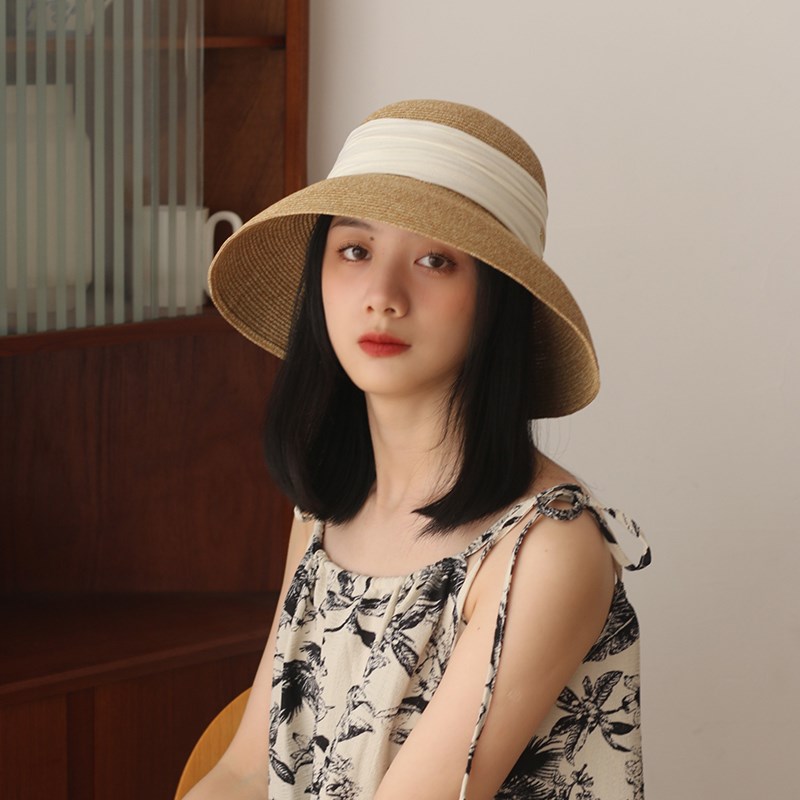 法式复古优雅甜美圆顶大檐草帽可折叠草编遮阳防晒帽百搭沙滩帽女