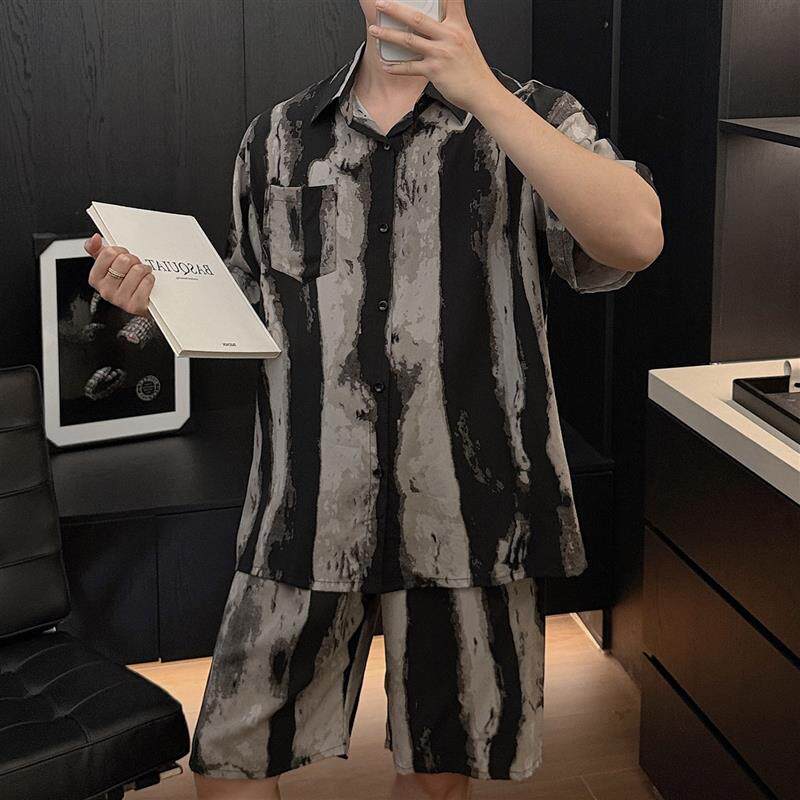 男士夏季薄款棉绸睡衣套装短袖短裤印花舒适居家风休闲条纹家居服
