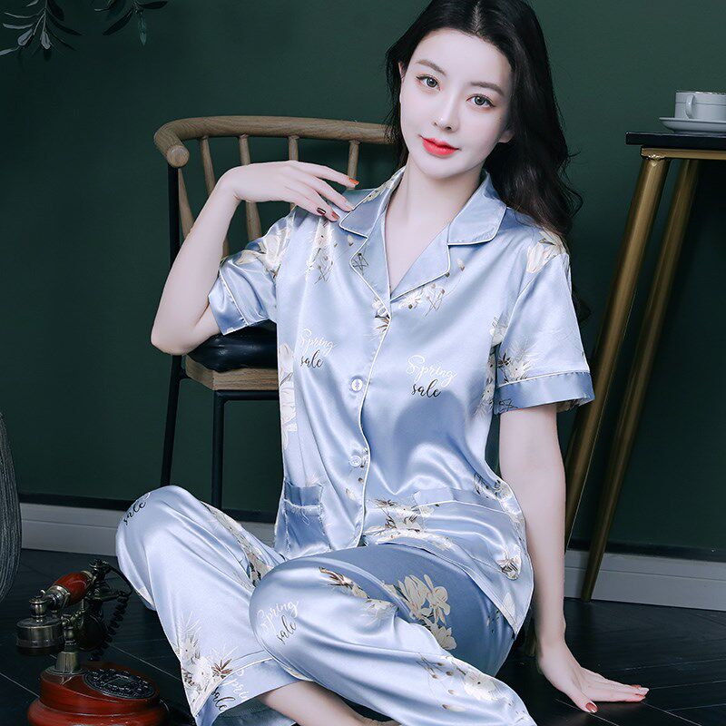 冰丝睡衣套装女夏季薄款凉感短袖长裤高级感缎面家居服大码两件套