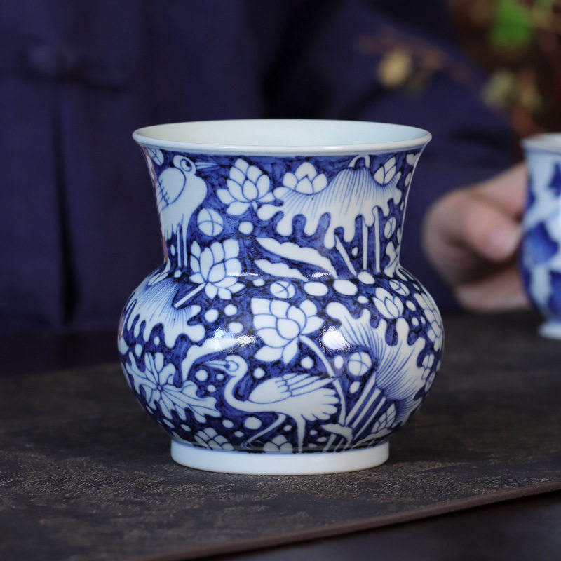 手绘元青花一鹭莲升渣斗陶瓷水洗茶洗水盂建水功夫高端茶具零配件
