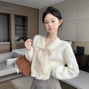 小香风仿水貂绒百搭毛衣女春秋蝴蝶结针织开衫上衣马海毛短款外套