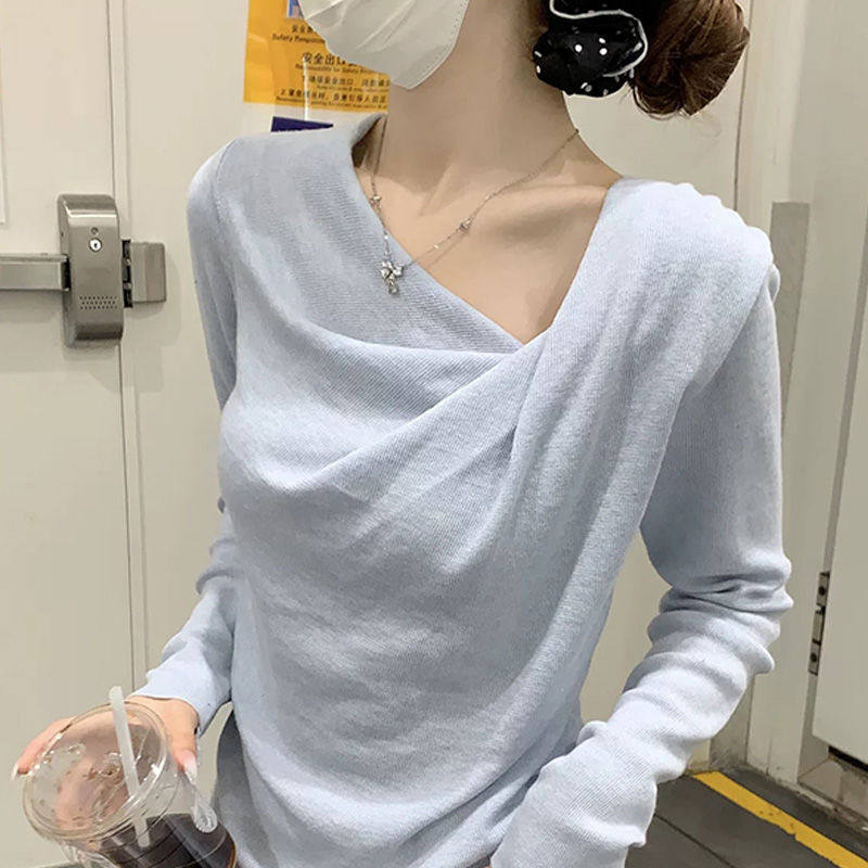 设计感荡领长袖针织衫女装秋季打底衫纯欲温柔风粉色修身收腰上衣