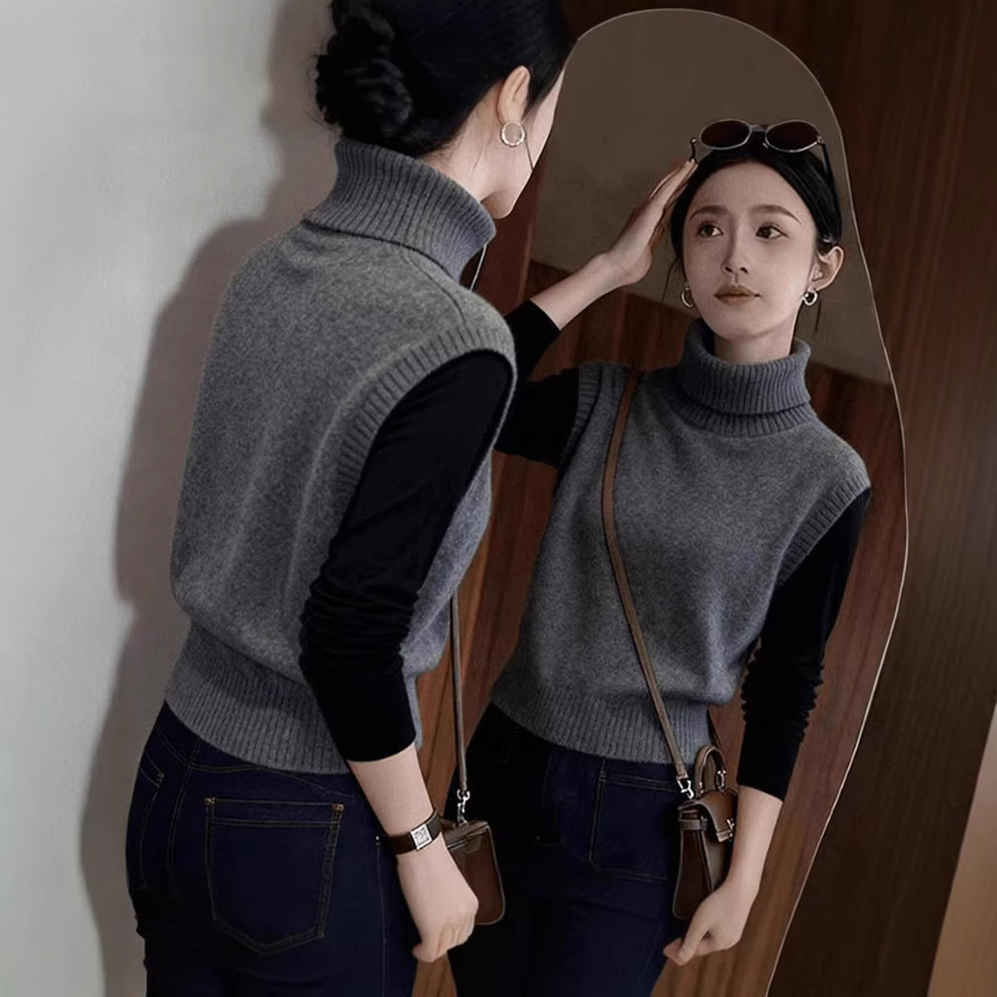 韩系穿搭灰色堆堆高领马甲针织衫女秋冬修身显瘦叠穿背心毛衣上衣