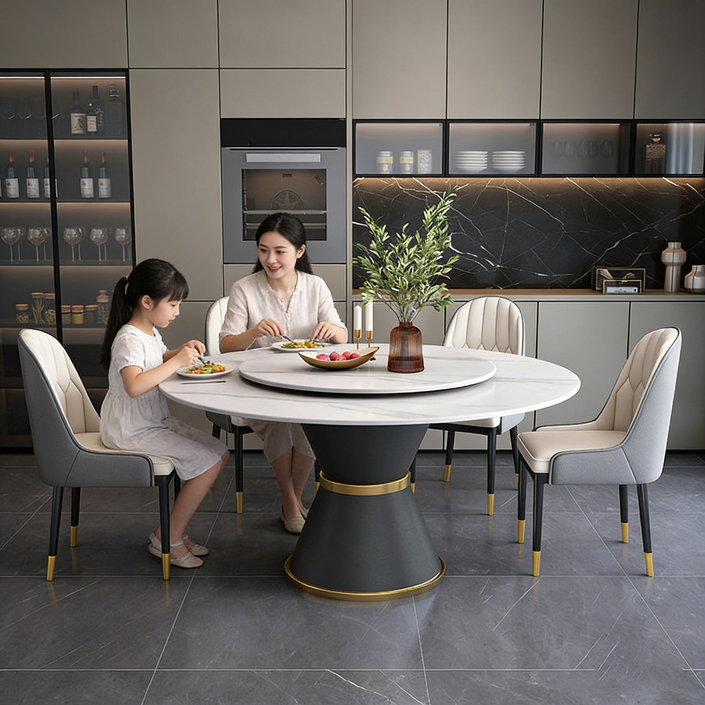 轻奢现代岩板餐桌组合大圆桌带转盘2026新款家用吃饭桌子带椅子