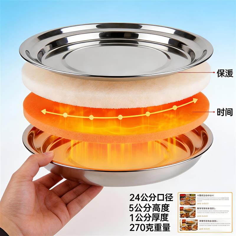 不锈钢盘子家用保温恒温双层隔热饺子盘备菜餐盘水果意面凉拌菜盘