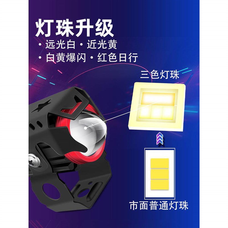 摩托车射灯LED辅路灯外置防水恶魔眼强光透镜爆闪电瓶电动车灯