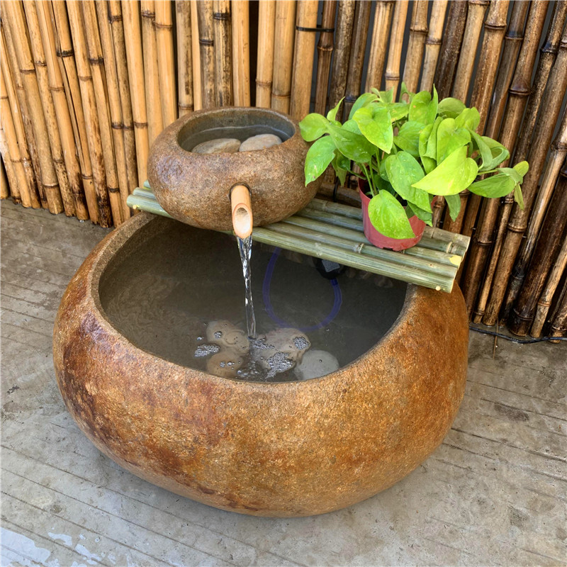 老石槽石磨流水石盆养鱼石头鱼缸养花石盆竹子流水器别墅庭院水景