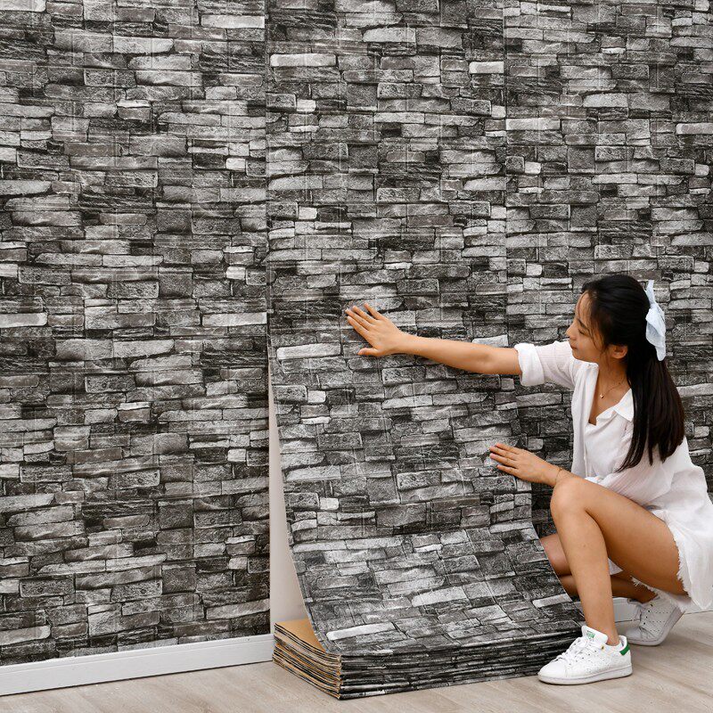 复古中式砖纹墙纸自粘3d立体餐厅服装店翻新贴纸防水防潮壁纸加厚