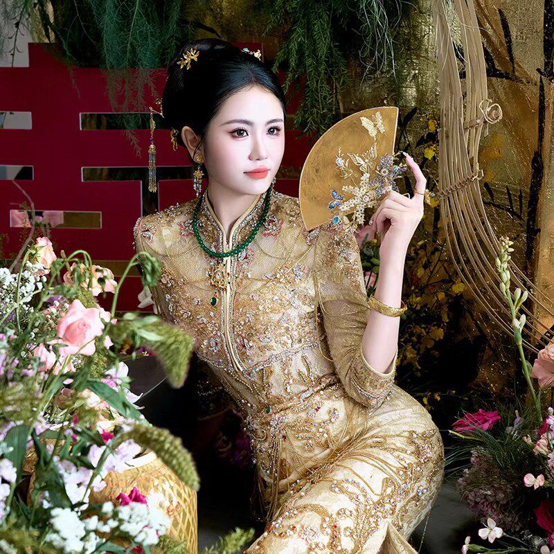 中式婚礼秀禾龙凤褂旗袍新娘团扇水晶凝胶扇子古风团扇