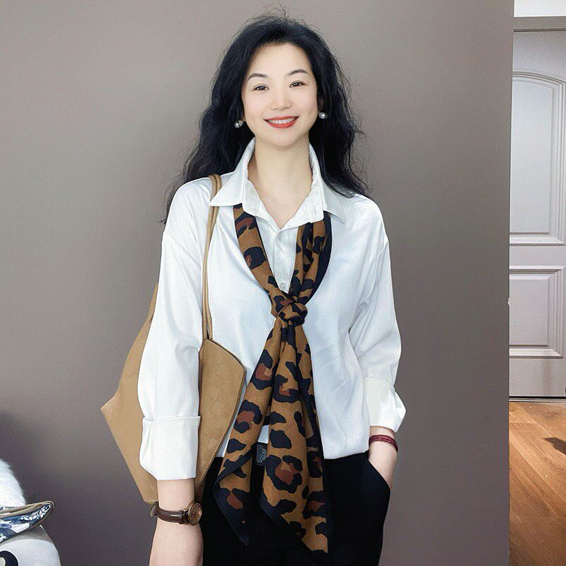 时髦款!焦糖色豹纹棉麻丝巾女护颈小围脖百搭窄长条飘带装饰围巾