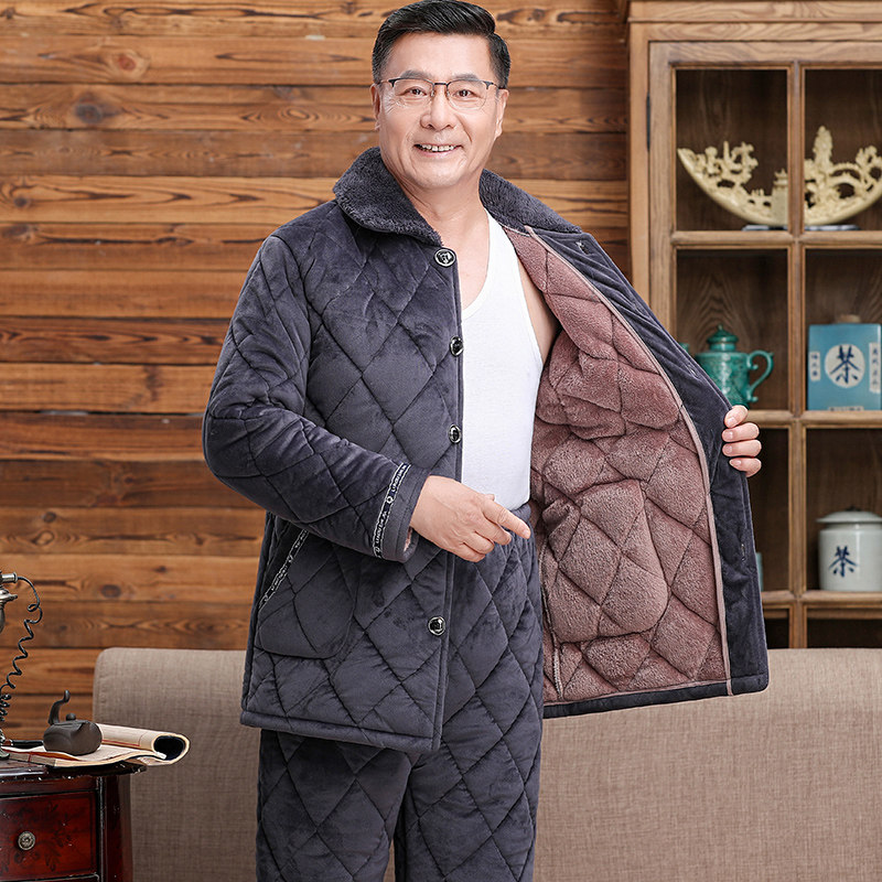 男士睡衣男秋冬季加厚加绒保暖夹棉中老年人爸爸珊瑚绒家居服套装