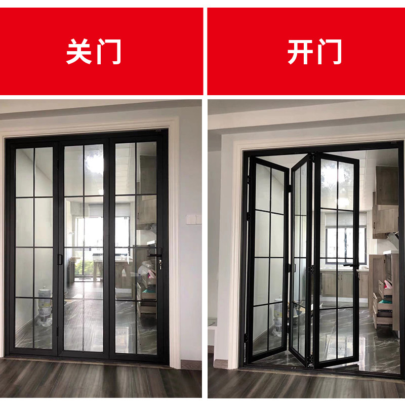 黑色极窄玻璃折叠门商用吊轨推拉门阳台铝合金隔断厨房移动门