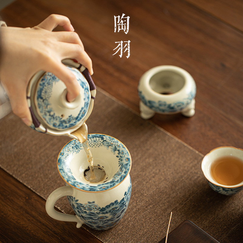 汝窑金万花陶瓷泡茶壶盖碗杯子家用防烫茶壶茶碗喝茶功夫茶具套装