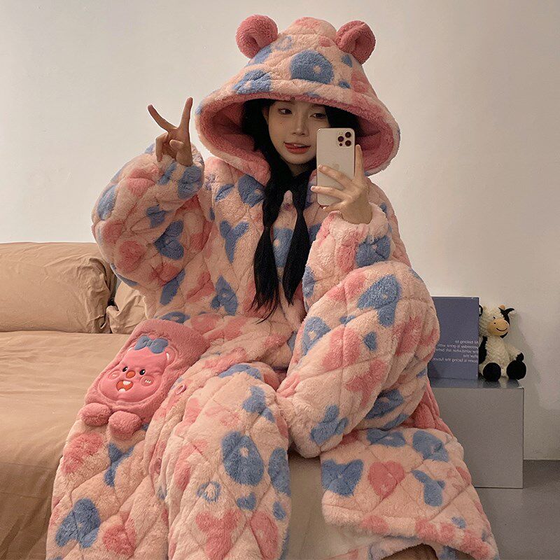 睡袍女三层夹棉秋冬季珊瑚绒加厚加绒卡通睡衣冬天保暖家居服套装
