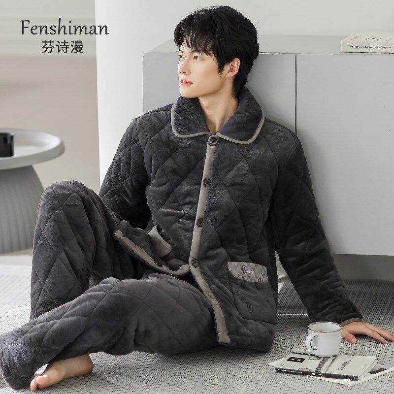 睡衣男款冬季三层夹棉加厚加绒男士秋冬珊瑚绒家居服冬款棉衣套装