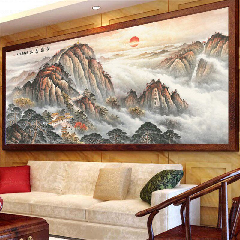5D钻石绣满钻风景客厅泰山日出十字绣办公室山水画钻石画新款2020