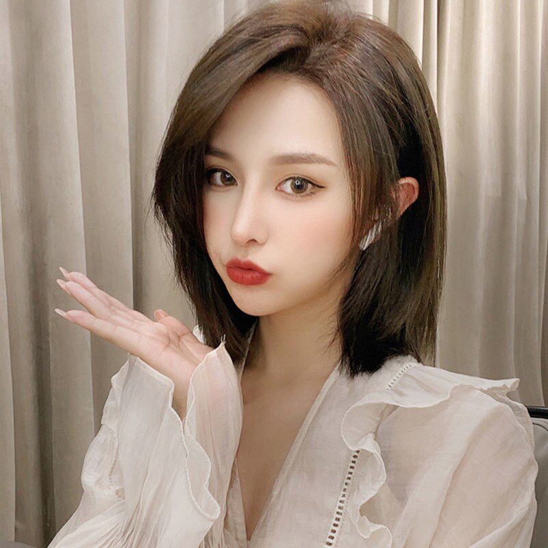 齐肩短发假发真发全真人发中长款整顶减龄全头无刘海女士头套直发