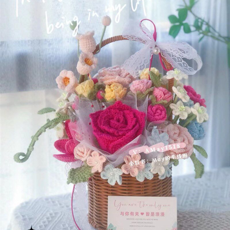 成品新款diy手工钩织编织针织永生花篮玫瑰毛线花瓶家居桌子摆件