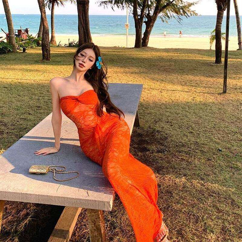 白鹿同款橘色抹胸露背水母长裙橘色辣妹无袖抹胸洋装女夏季修身