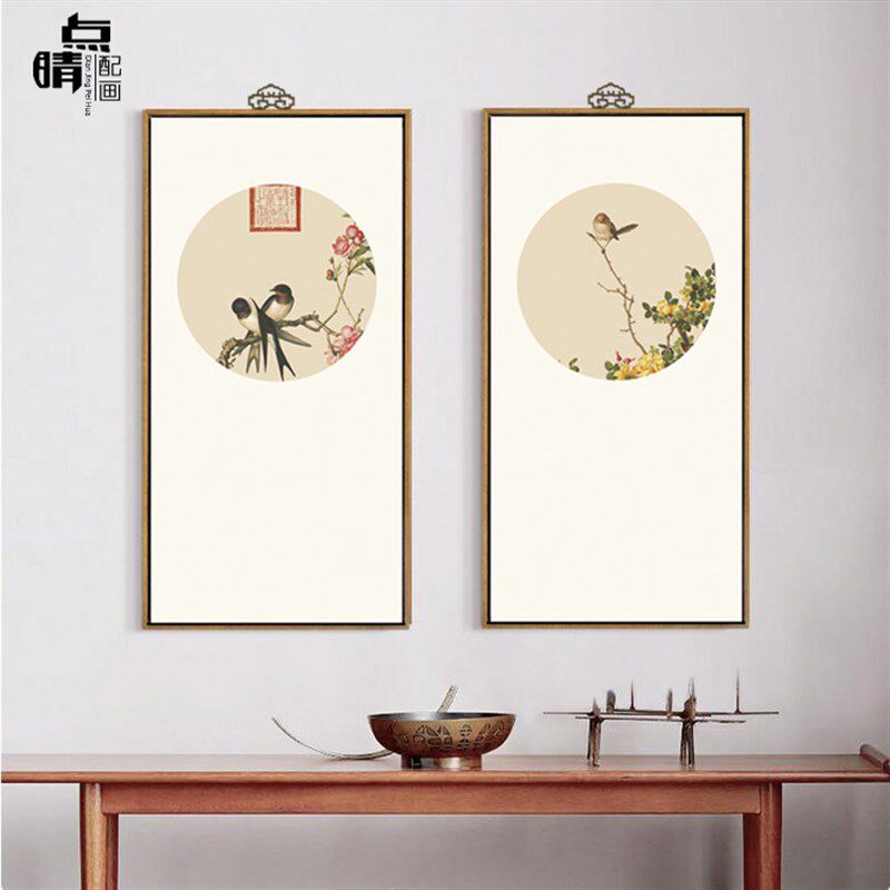 新中式花鸟装饰画圆形竖幅沙发背景玄关茶楼卧室书房客厅三联挂画