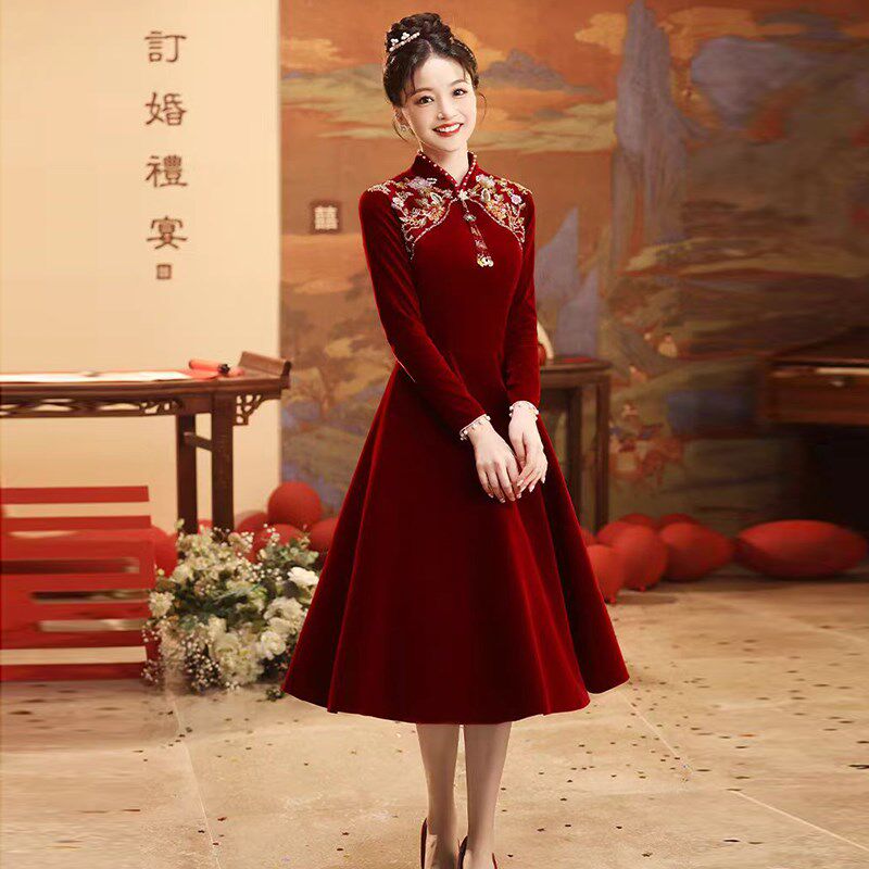 大码胖mm孕妇新中式订婚服改良旗袍敬酒服新娘高腰遮肚子结婚礼服