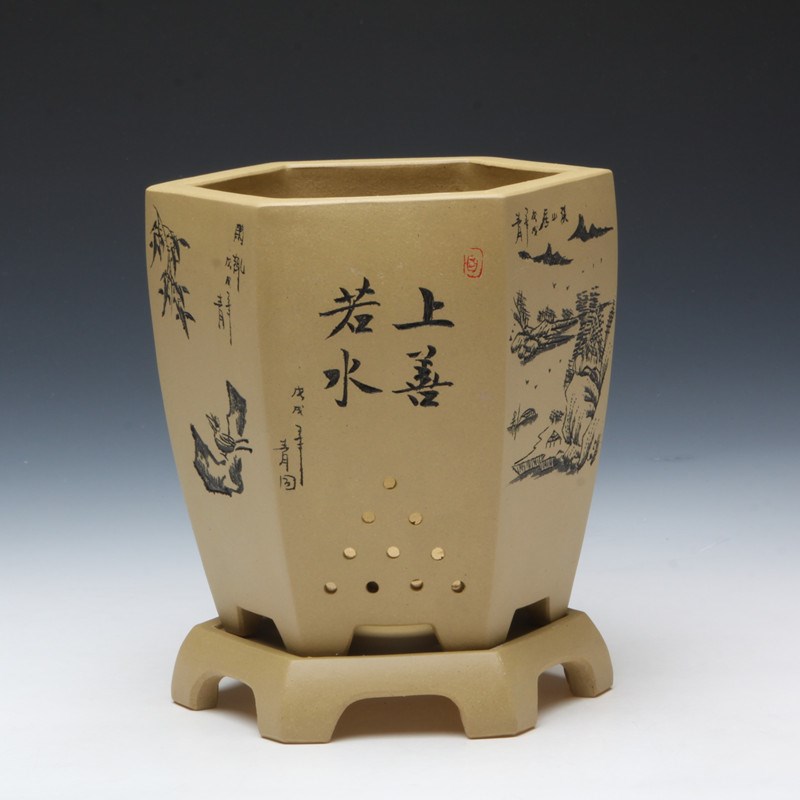 宜兴紫砂花盆六方花盆 带底座 盆景花盆陶瓷古典简约兰花盆 包邮