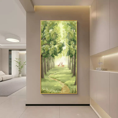 入户玄关装饰画山水风景绿植画进门走廊过道挂画竖版轻奢墙面壁画