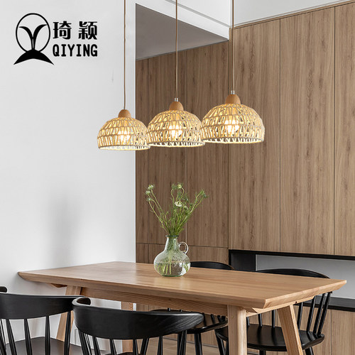 田园复古藤艺吊灯餐厅吧台阳台飘窗民宿vintage中古风侘寂原木灯