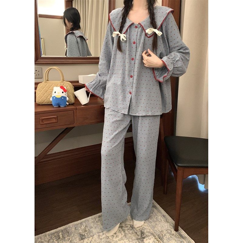 娃娃领牛仔蓝棉纱睡衣女春秋2024新款可爱甜美长袖宽松家居服套装