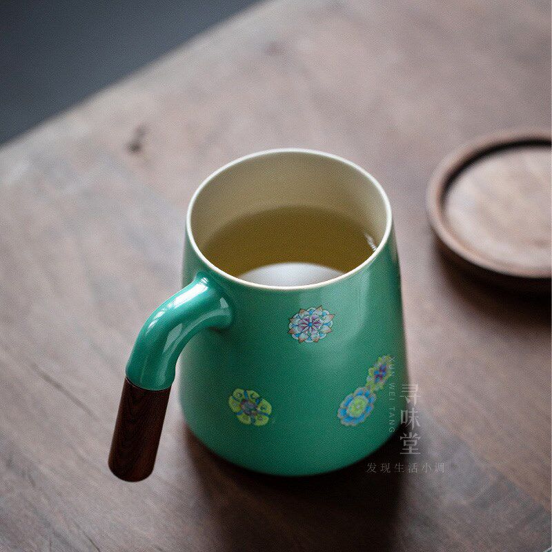 雅致皮球花办公杯木柄手把马克杯木盖陶瓷水杯茶杯咖啡杯早餐杯