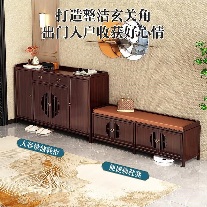 高端新中式乌金木实木鞋柜一体可坐式穿鞋凳家用门口收纳凳换鞋凳