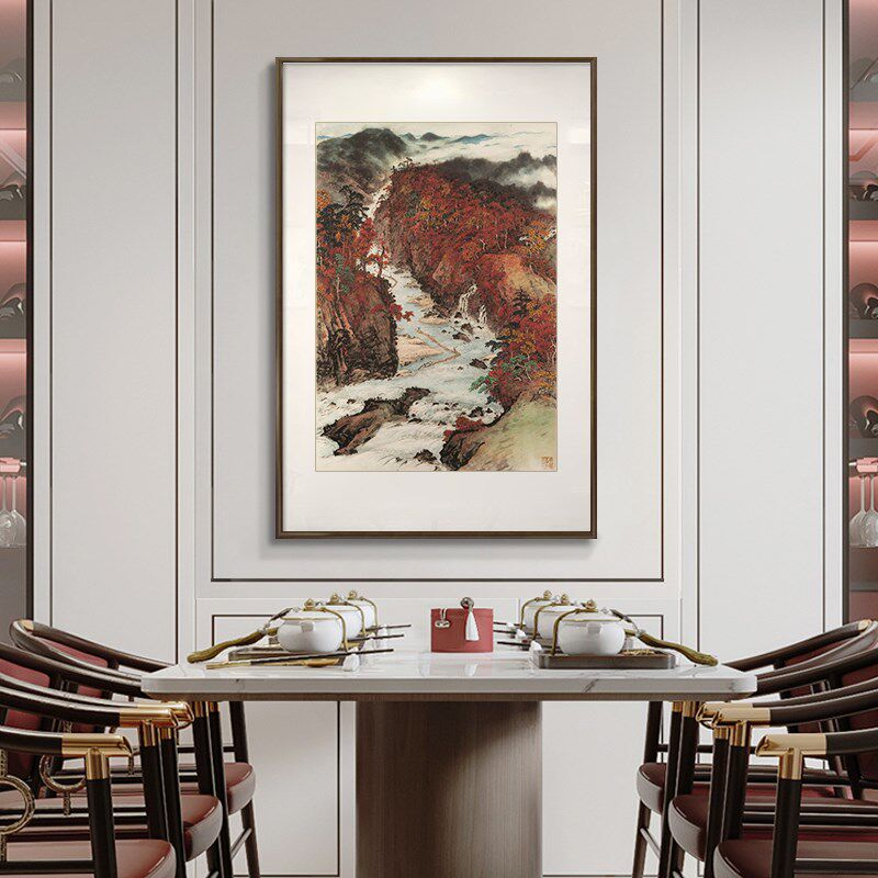 关山月秋山放筏国画山水画新中式入户玄关装饰画餐厅挂画茶室壁画