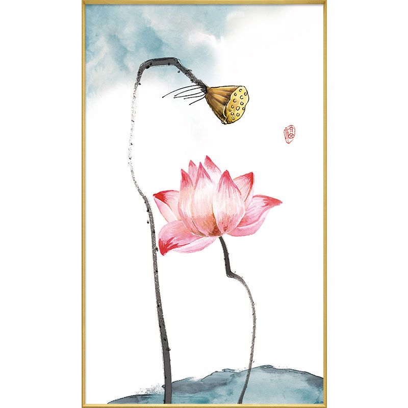 荷花图新中式卫生间防水画洗手间挂画厕所门口装饰画浴室壁画免钉
