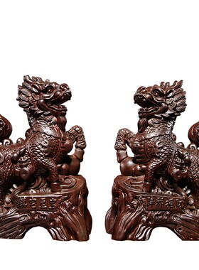黑檀木雕麒麟摆件实木一对家居客厅电视柜办公玄关摆设装饰工艺品