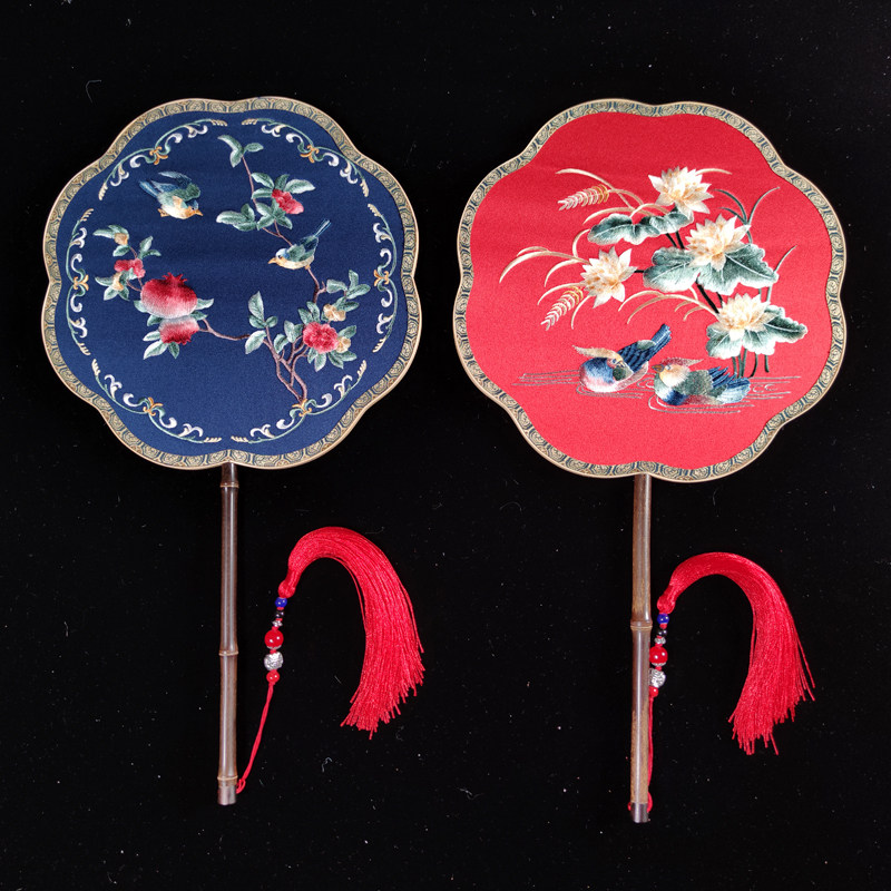 苏绣团扇双面异色古典宫扇子汉服舞蹈扇女式长柄宫廷八瓣紫竹刻字