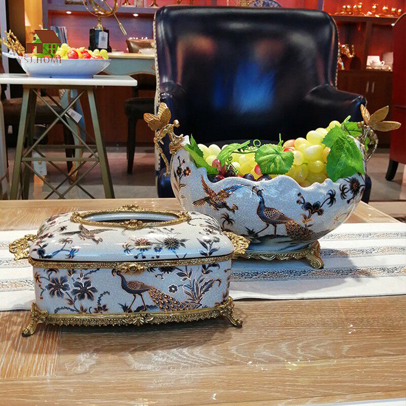欧式美式家居饰品摆件陶瓷配铜装饰坐盘别墅软装壁炉饰品描金台灯