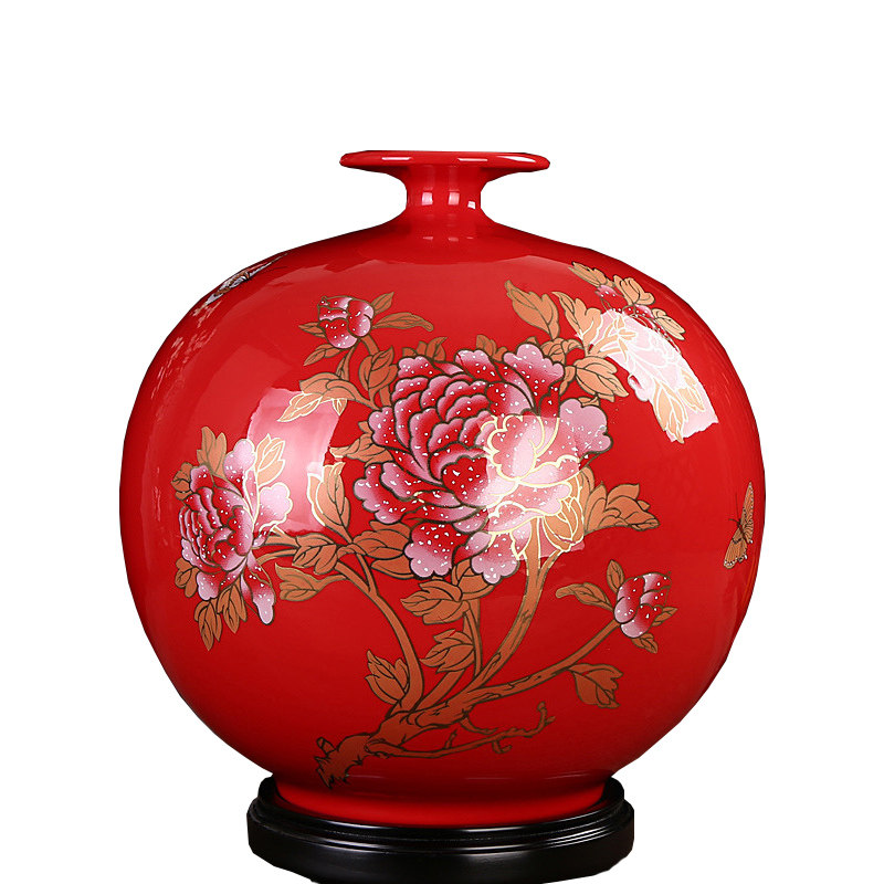 德化中国红瓷花瓶摆件纯红天地方圆 陶瓷牡丹花家居饰品玄关摆设