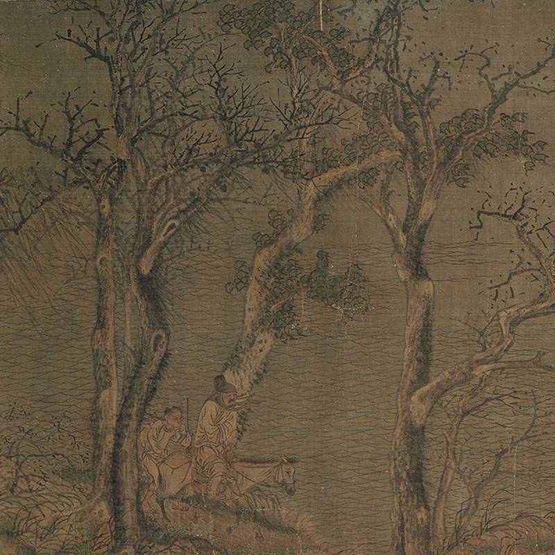 五代南唐 赵干 江行初雪图绢本高清微喷客厅装饰画书画横幅山水画