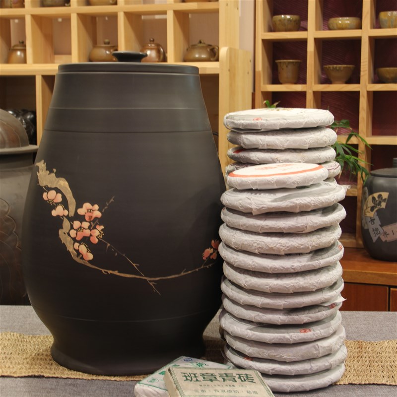 建水紫陶存茶罐 彩填28饼茶缸 纯手工大号茶叶罐陶罐储水缸米缸