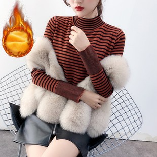 高领黑白条纹套头毛衣女2021新款加绒加厚保暖打底修身内搭针织衫